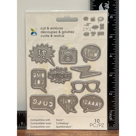 10-Piece Momenta Cut & Emboss Die Set WORD BUBBLE GLASSES CAMERA 33623R8 - Picture 1 of 2